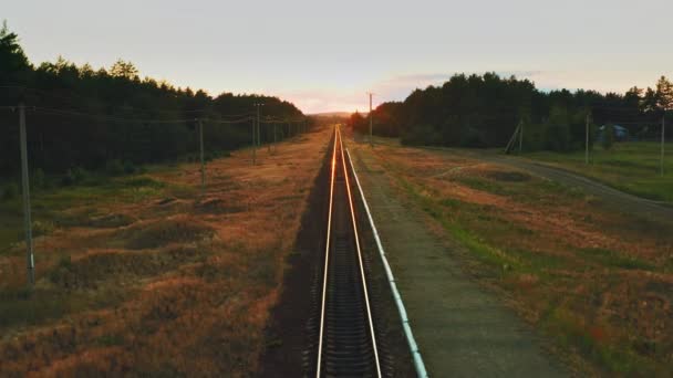 Drone Flying Low Railway Track While Beautiful Sunset Suburban Railway — Stock Video