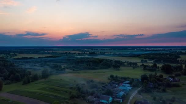 Drone Hyperlapse Misty Village Dawn Aerial View Foggy Countryside Early — Stock Video