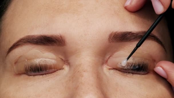 Cara Mujer Procedimiento Moderno Laminación Pestañas Salón Belleza Profesional Master — Vídeo de stock