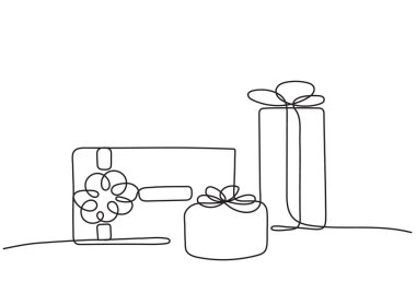 Grafik karalama sanatı vektörlü fiyonklu hediye kutuları, tek satır sanat