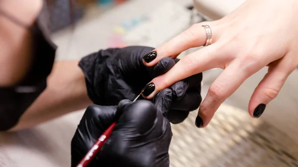 Manicure Master Process Working Hands Black Gloves Brush Close — Stock Photo, Image