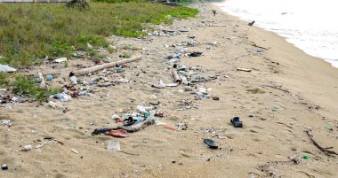 Plastik kırıntıları ve garajları sahilde.