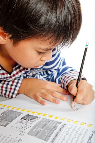 A young boy doing homework on a white background. — Stok fotoğraf