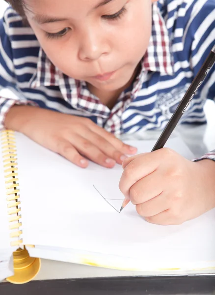 A young boy doing homework on a white background. — Stok fotoğraf