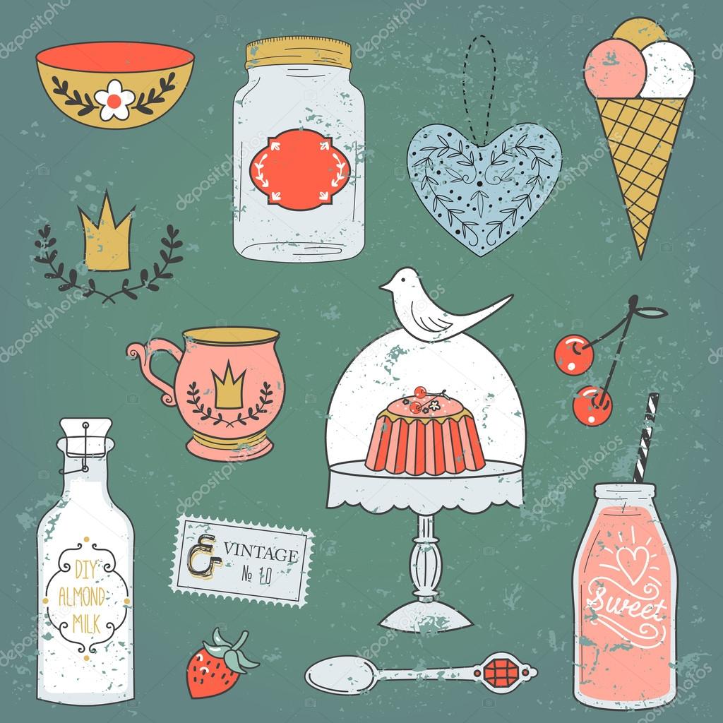 Colorful collection of sweets and drinks. Cute Vector illustration and design elements