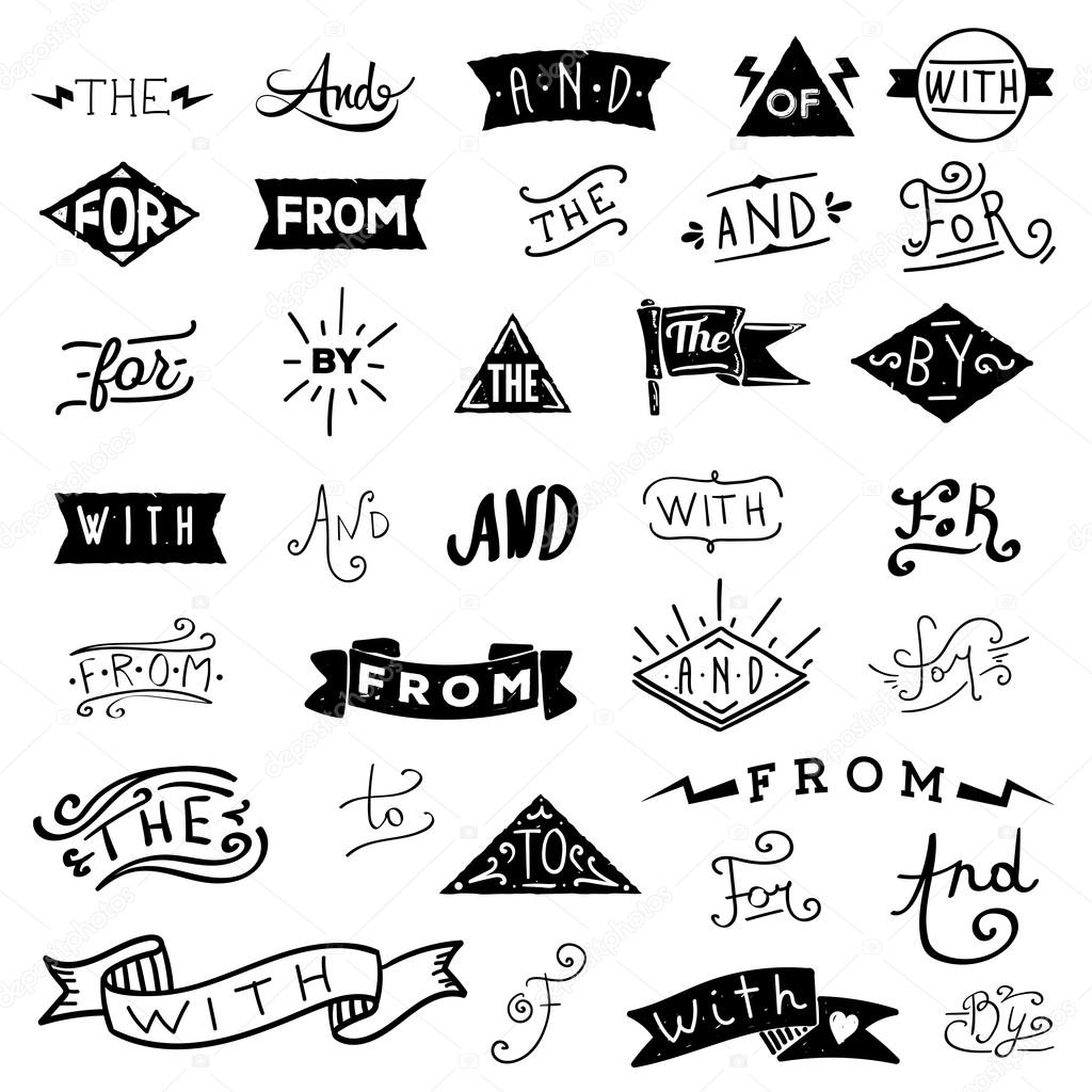 Vintage Catchwords, ribbons, ampersands design elements set. at, to, for, the, of, with, by, and, from. Vector graphic set