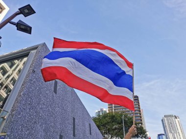 BRISBANE, AUSTRALIA - 29 YIL 2020: Bir grup protestocu Tayland ulusal bayrağını gösterirken, Brisbane Avustralya 'daki King George Meydanı Belediye Sarayı' nda başbakan Prayuth Chan-ocha 'nın Tayland' daki diktatörlüğünü protesto etmek için barışçıl bir miting düzenledi