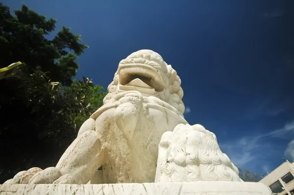 白梅中国狮子雕像和蓝天 — 图库照片