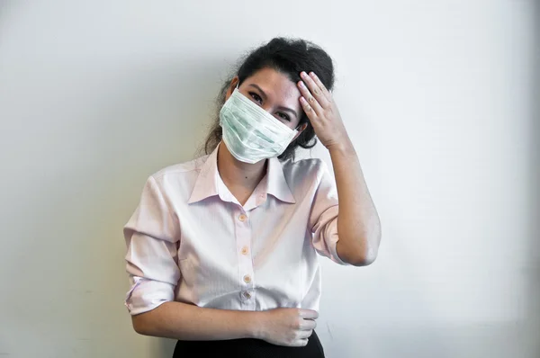 Business woman wear hygiene mask and sick