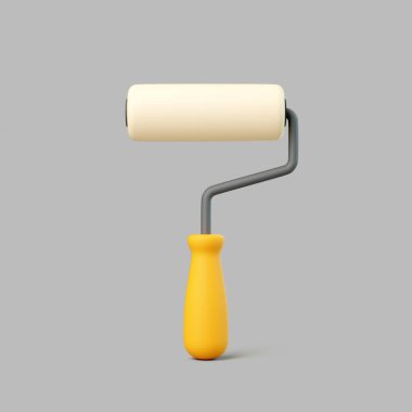 Gri arka planda sarı saplı 3 boyutlu gerçekçi boya silindiri.