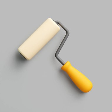 Gri arka planda sarı saplı bir boya silindirinin minimalist 3D çizimi, tasarım, yenileme veya DIY kavramları için mükemmel