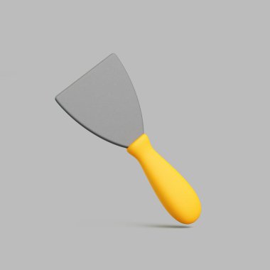 Gri arka planda ayakta duran sarı saplı metal macun bıçağının üç boyutlu görüntüsü. İnşaat veya DIY için minimal onarım aracı kavramı