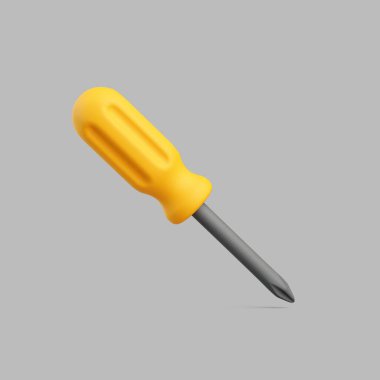 Gri metal şaftlı ve parlak sarı plastik saplı gerçekçi Phillips tornavidası, gri arka planda izole edilmiş.