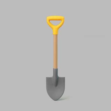 Gri arka planda sarı saplı 3 boyutlu kürek, asgari bahçe ve inşaat aracı