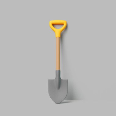 Gri arka planda dikey duran ahşap saplı ve sarı saplı metal bir bahçe küreğinin gerçekçi üç boyutlu görüntüsü. Asgari tasarım konsepti