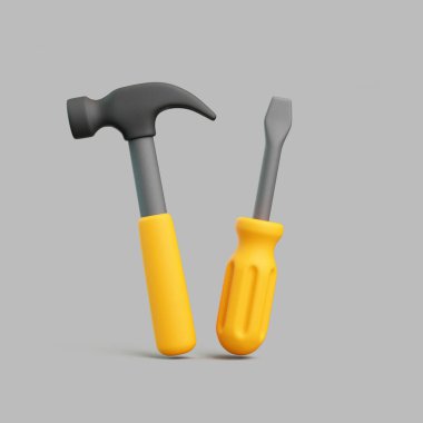 Üç boyutlu çekiç ve sarı saplı tornavida gri arka planda yan yana duruyor. Tamir, DIY ve inşaat temaları için mükemmel