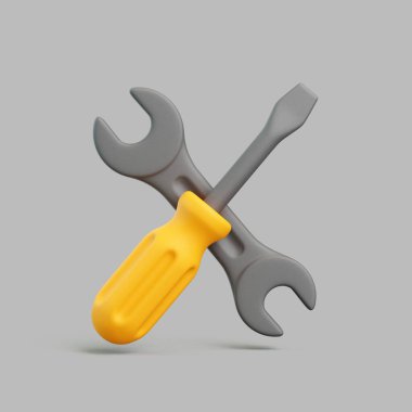 Gri arkaplanda 3 boyutlu anahtar ve sarı tornavida çizimi