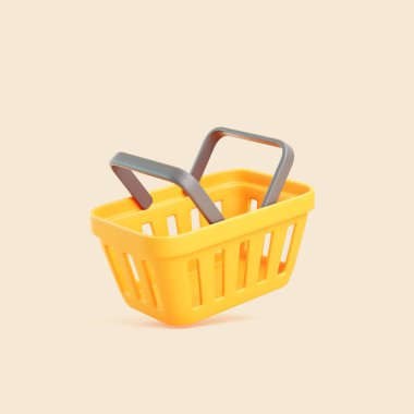 Beyaz arka planda gri saplı boş sarı bir alışveriş sepetinin 3 boyutlu görüntüsü. Asgari perakende ve e-ticaret konsepti illüstrasyonu