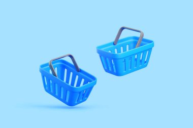 Açık mavi arka planda gri saplı iki boş mavi alışveriş sepetinin üç boyutlu çizimi. Modern perakende ve e-ticaret kavramı