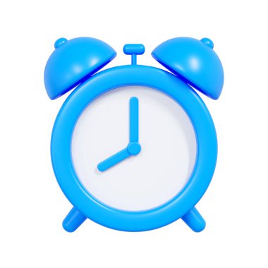 Beyaz saat yüzlü, zamanı, hatırlatıcıları, programları, teslim tarihlerini ve sabah alarmlarını sembolize eden 3 boyutlu bir çalar saat çizimi