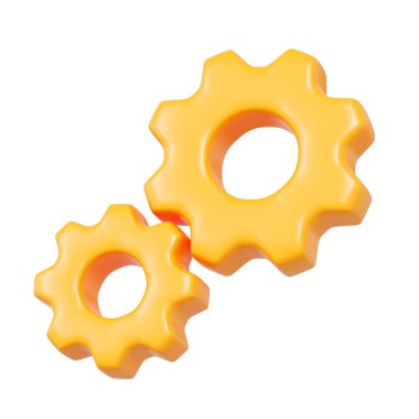 Parlak üç boyutlu sarı dişliler ayarları, yapılandırmayı ve sistem süreçlerini temsil ediyor. UI, UX tasarımı, uygulamalar, web siteleri, teknik çizimler, iş akışı kavramları ve otomasyon görselleri için ideal