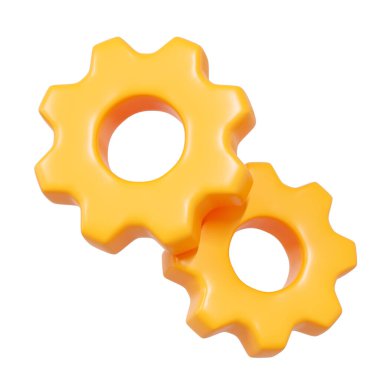 Ayarları, araçları, yapılandırmayı, iş akışını veya sistem süreçlerini temsil eden parlak 3D sarı dişliler. UI, UX tasarımı, mobil uygulamalar, web siteleri ve teknik illüstrasyonlar için ideal