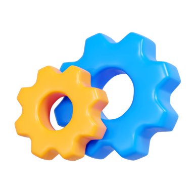 Birbirine kenetlenmiş iki vitesin parlak üç boyutlu çizimi, biri mavi ve biri sarı, mekaniği sembolize eden, süreç, işletim ve teknik işlevselliği temiz modern tarzda