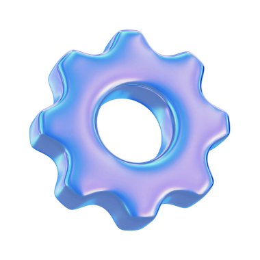 Pürüzsüz metalik yansımaları, ayarları, araçları veya yapılandırmayı temsil eden parlak mavi yanardöner 3D dişli simgesi