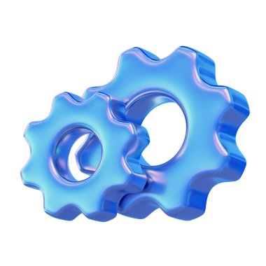 İki parlak mavi yanardöner 3D dişli birbirine kenetlenmiş, ayarları, süreçleri, takım çalışmasını veya mekanik fonksiyonları sembolize eder