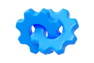 Birbirine kenetlenen iki mavi dişlinin üç boyutlu çizimi ayarları, sistem yapılandırması, mühendisliği veya işlem optimizasyonunu simgeliyor.