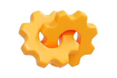 İki parlak turuncu 3D dişli birbirine kenetlenmiş, sembolik ayarlar, iş akışı ve mekanik işlemler. Uygulamalar, UI ve teknolojik görseller için uygun parlak, temiz tasarım