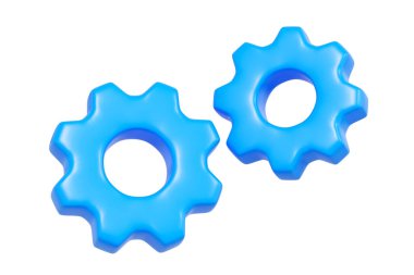 Ayarları, sistem yapılandırmasını, mühendislik mekanizmalarını veya teknik süreçleri temsil eden iki ayrı mavi dişli tekerleğin 3B çizimi