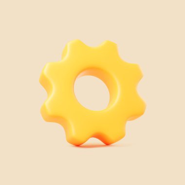 Yumuşak arkaplandaki parlak sarı 3D dişli, ayarları, optimizasyonu, teknolojiyi, mekaniği ve sistem yapılandırmasını sembolize eden