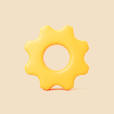 Yumuşak zemin üzerinde pürüzsüz yuvarlak kenarlı sarı 3D dişli ikonu. Ayarları, yapılandırmayı, süreci ve sistem denetimini temsil eden en az parlak sembol