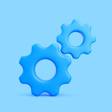 Açık arkaplanda iki mavi 3D dişli simgesi. Asgari parlak tasarım sembolize ayarlar, takım çalışması, süreçler, otomasyon ve sistem yapılandırması