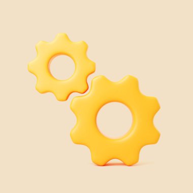 Yumuşak bej arka planda iki sarı 3D dişli ikonu. Asgari parlak tasarım ayarlar, iş akışı, işbirliği, otomasyon ve sistem süreçlerini simgeliyor