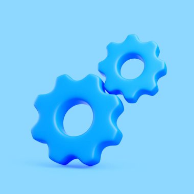 Temiz bir arkaplan üzerinde iki mavi vites, otomasyon, mühendislik, takım çalışması, iş akışı ve teknik süreçleri sembolize eden üç boyutlu resimleme