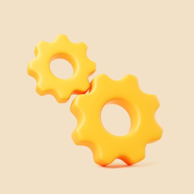 Yumuşak bir arka planda iki sarı vites, takım çalışması, otomasyon, mühendislik süreçleri, iş akışı ve teknik etkileşimi temsil eden üç boyutlu resimleme