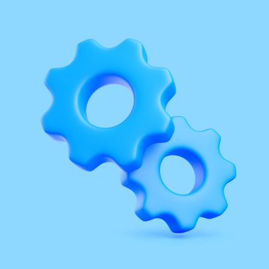 Temiz bir arkaplan üzerinde iki mavi vites, otomasyon, mühendislik, takım çalışması, iş akışı ve teknik süreçleri sembolize eden üç boyutlu resimleme