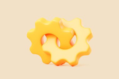 İki parlak sarı 3D dişli tekerlek ayarları, takım çalışmasını, sistem süreçlerini ve yumuşak bej arka planda otomasyonu simgeliyor.