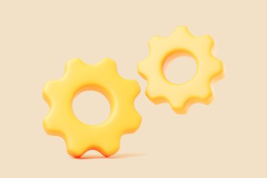 Bej arka planda iki tane 3 boyutlu sarı dişli tekerlek ayarları, iş akışını, otomasyonu, mühendisliği, takım çalışmasını, mekanik sistemleri ve iş süreçlerini temsil eder.