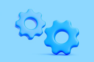 Işık arka planında iki 3D mavi dişli tekerlek, sembolize ayarlar, mekanik, otomasyon, takım çalışması, mühendislik süreçleri ve sistem yapılandırması