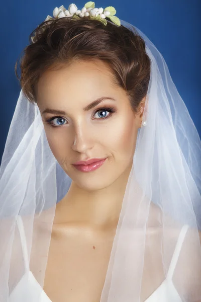 美しい花嫁の肖像画。ウェディングドレス古典的な白いベールの若い穏やかな静かな花嫁は離れて見て.結婚式の日。青い背景に大きな美しい目を持つ花嫁の肖像画 — ストック写真