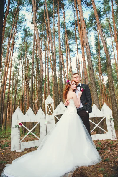 Tiro de casamento de noiva e noivo no parque. Casamento casal acaba de se casar com buquê de noiva. Elegante feliz sorrir recém-casados na cerimônia de casamento ao ar livre — Fotografia de Stock