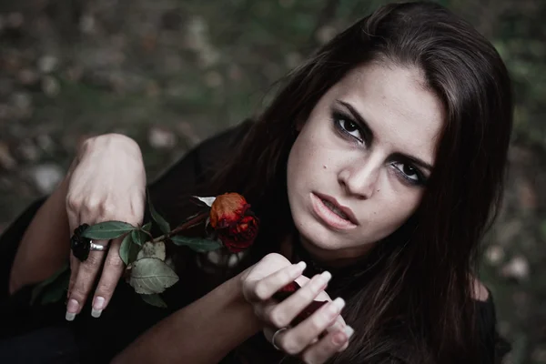 Bruja de Halloween en un bosque oscuro. Hermosa joven con disfraz de bruja. Fondo de horror para el concepto de Halloween — Foto de Stock