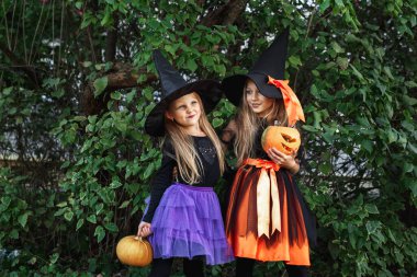 Cadılar Bayramı partisinde iki küçük çocuk dışarıda eğleniyor.