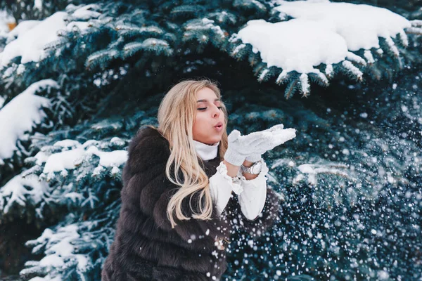 Menina de inverno bonita soprando neve no parque gelado no dia de inverno — Fotografia de Stock