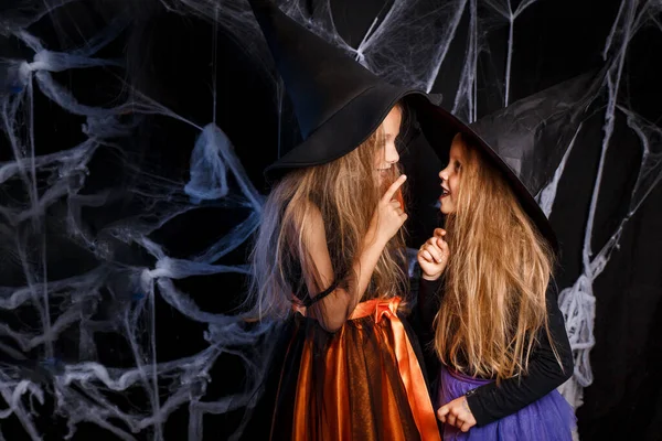 Двое маленьких детей в костюмах ведьм веселятся на Хэллоуин — стоковое фото
