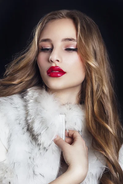 Mujer de invierno en abrigo de piel de lujo. Belleza moda modelo chica en piel de zorro azul abrigo. Maquillaje perfecto y accesorios. Hermosa dama de invierno de lujo — Foto de Stock