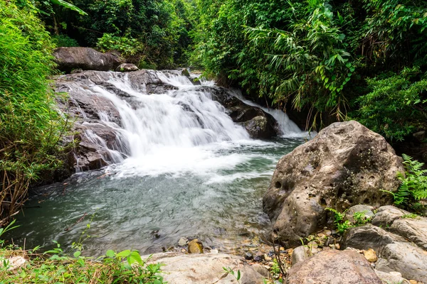 Paisaje de selva tropical con hermosa cascada, rocas y — Foto de Stock